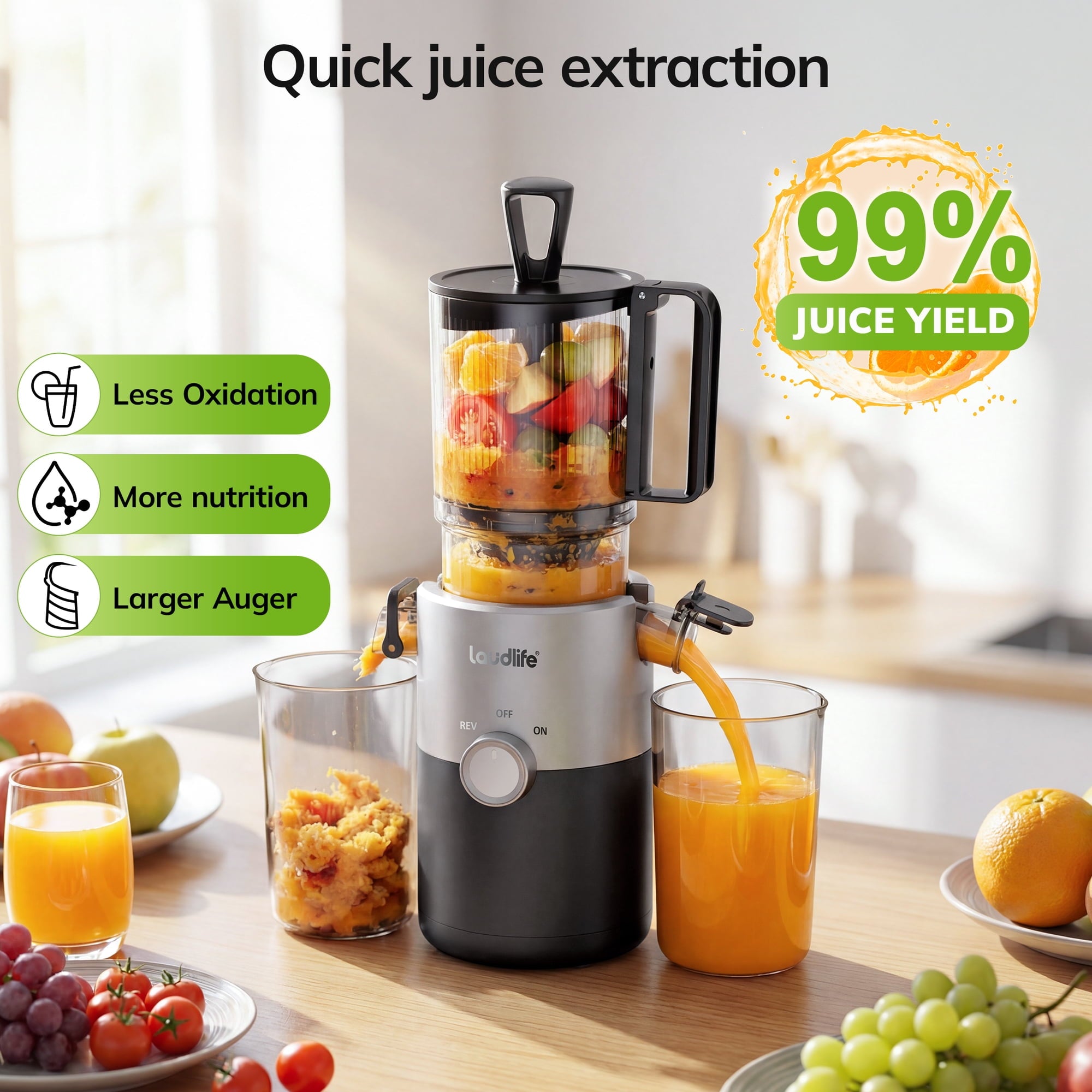 Cold Press Juicer, 5.4" Large Feed Chute Slow Masticating Juicer, High Juice Yield, Ultra Quiet, Easy Clean, BPA Free, Ideal Self-Feeding Juicer for Whole Fruits & Vegetables, Gray
