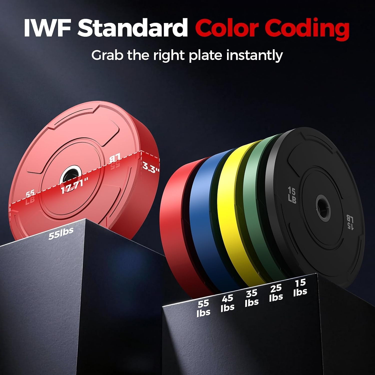 2-Inch Olympic Bumper Plates Set, 1pcs-55lb Colored Virgin Rubber Weight Barbell Plates for Strength Training, Home Gym Weightlifting